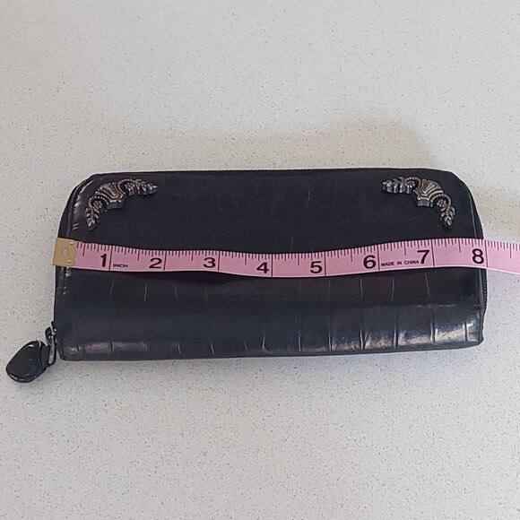 Brighton Vintage Black Leather Croc Zip Around Wallet with Silver Embellishments - Picture 2 of 14